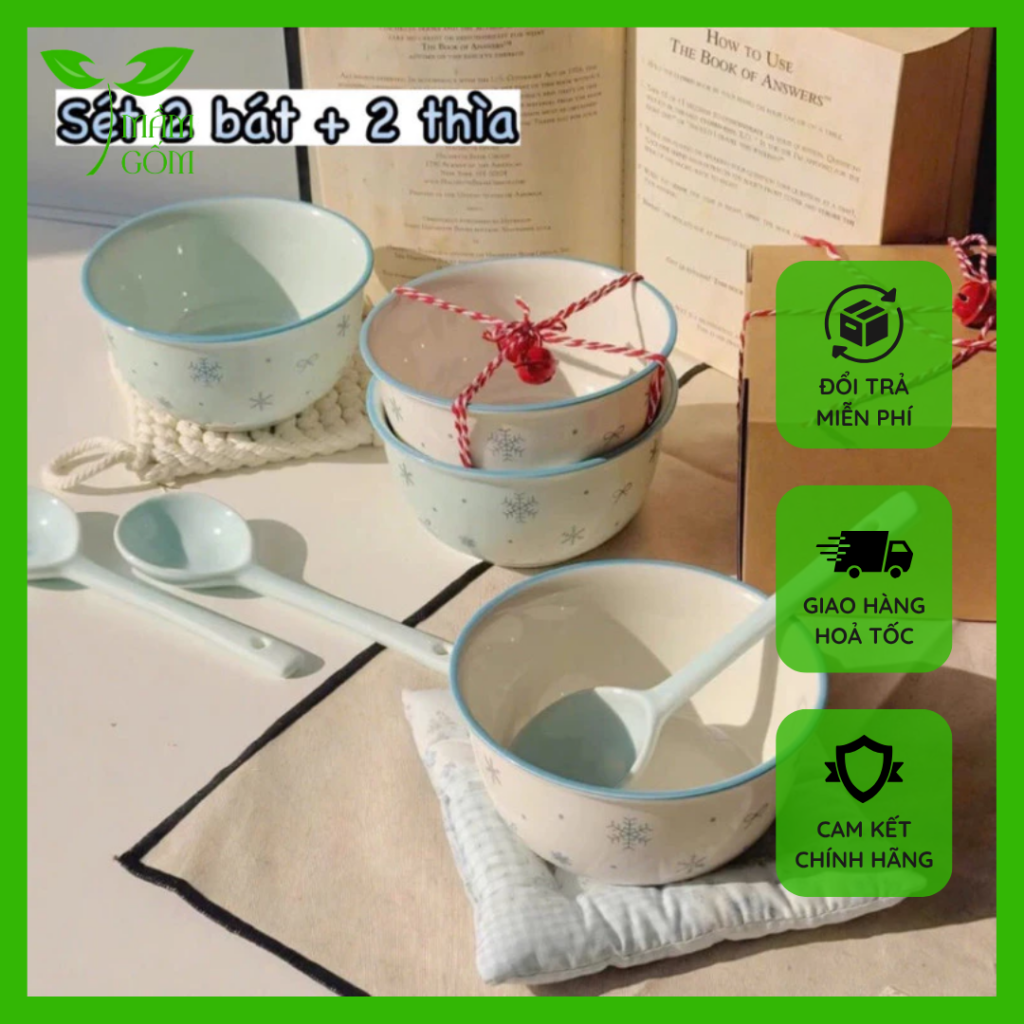 Set Bát Sứ Nơ Xanh – Bộ 2 chén 2 thìa sang trọng