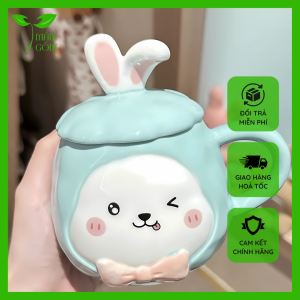 Ly cốc sứ có nắp đậy hình thỏ dễ thương 450ml